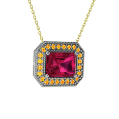 Rodolit garnet ve sitrin 8 ayar beyaz altın kolye (40 cm altın rolo zincir)