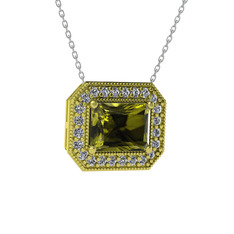 Esinti Dikdörtgen Kolye - Peridot ve beyaz zirkon 8 ayar altın kolye (40 cm beyaz altın rolo zincir) #w3eacm