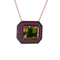 Esinti Dikdörtgen Kolye - Peridot ve rodolit garnet 925 ayar siyah rodyum kaplama gümüş kolye (40 cm rose altın rolo zincir) #w42702