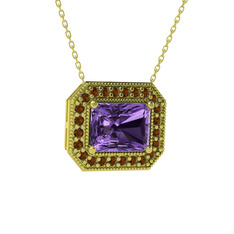 Esinti Dikdörtgen Kolye - Ametist ve dumanlı kuvars 18 ayar altın kolye (40 cm altın rolo zincir) #w7xkh4