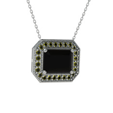 Esinti Dikdörtgen Kolye - Siyah zirkon ve peridot 18 ayar beyaz altın kolye (40 cm gümüş rolo zincir) #w7zei8
