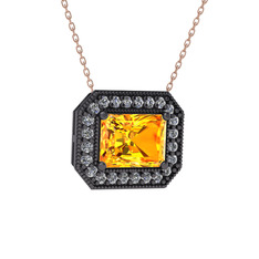 Esinti Dikdörtgen Kolye - Sitrin ve pırlanta 925 ayar siyah rodyum kaplama gümüş kolye (0.253 karat, 40 cm rose altın rolo zincir) #w8jgtn