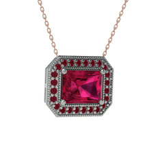 Esinti Dikdörtgen Kolye - Rodolit garnet ve kök yakut 18 ayar beyaz altın kolye (40 cm rose altın rolo zincir) #wb8236