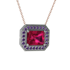 Rodolit garnet ve ametist 925 ayar gümüş kolye (40 cm rose altın rolo zincir)