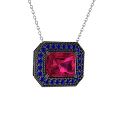 Esinti Dikdörtgen Kolye - Rodolit garnet ve lab safir 925 ayar siyah rodyum kaplama gümüş kolye (40 cm beyaz altın rolo zincir) #whoeit