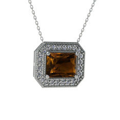 Esinti Dikdörtgen Kolye - Dumanlı kuvars ve pırlanta 14 ayar beyaz altın kolye (0.253 karat, 40 cm beyaz altın rolo zincir) #wj1x9u