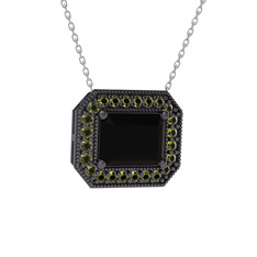 Esinti Dikdörtgen Kolye - Siyah zirkon ve peridot 925 ayar siyah rodyum kaplama gümüş kolye (40 cm beyaz altın rolo zincir) #wtbn3k