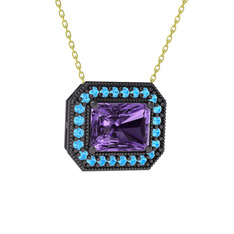Esinti Dikdörtgen Kolye - Ametist ve akuamarin 925 ayar siyah rodyum kaplama gümüş kolye (40 cm altın rolo zincir) #x65kqk