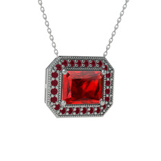 Garnet ve kök yakut 18 ayar beyaz altın kolye (40 cm beyaz altın rolo zincir)