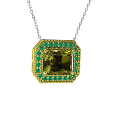 Peridot ve kök zümrüt 18 ayar altın kolye (40 cm beyaz altın rolo zincir)
