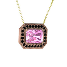 Esinti Dikdörtgen Kolye - Pembe kuvars ve siyah zirkon 8 ayar rose altın kolye (40 cm gümüş rolo zincir) #xhccjy