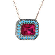 Esinti Dikdörtgen Kolye - Rodolit garnet ve akuamarin 925 ayar gümüş kolye (40 cm rose altın rolo zincir) #xhtxyk