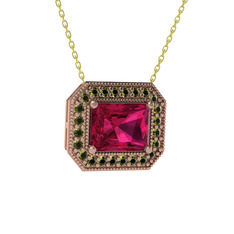 Esinti Dikdörtgen Kolye - Rodolit garnet ve peridot 925 ayar rose altın kaplama gümüş kolye (40 cm altın rolo zincir) #xlqzy7