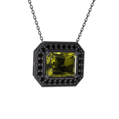 Esinti Dikdörtgen Kolye - Peridot ve siyah zirkon 925 ayar siyah rodyum kaplama gümüş kolye (40 cm gümüş rolo zincir) #xm6fyc