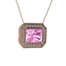 Esinti Dikdörtgen Kolye - Pembe kuvars ve pırlanta 8 ayar rose altın kolye (0.253 karat, 40 cm gümüş rolo zincir) #xoaa88