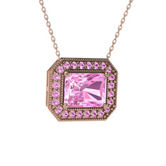 Esinti Dikdörtgen Kolye - Pembe kuvars 18 ayar rose altın kolye (40 cm rose altın rolo zincir) #xosg2c
