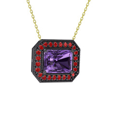 Ametist ve garnet 925 ayar siyah rodyum kaplama gümüş kolye (40 cm altın rolo zincir)