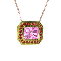 Esinti Dikdörtgen Kolye - Pembe kuvars ve garnet 925 ayar altın kaplama gümüş kolye (40 cm rose altın rolo zincir) #y48vzk