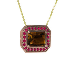 Dumanlı kuvars ve rodolit garnet 18 ayar rose altın kolye (40 cm altın rolo zincir)