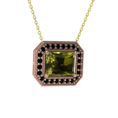 Esinti Dikdörtgen Kolye - Peridot ve siyah zirkon 14 ayar rose altın kolye (40 cm altın rolo zincir) #ypritl