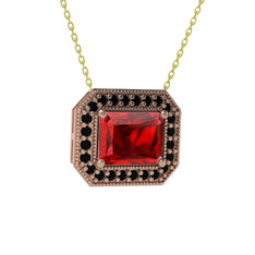 Esinti Dikdörtgen Kolye - Garnet ve siyah zirkon 14 ayar rose altın kolye (40 cm altın rolo zincir) #z3jc1z