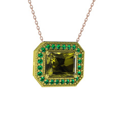 Peridot ve yeşil kuvars 14 ayar altın kolye (40 cm gümüş rolo zincir)