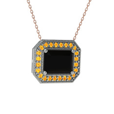 Esinti Dikdörtgen Kolye - Siyah zirkon ve sitrin 8 ayar beyaz altın kolye (40 cm rose altın rolo zincir) #zzsgnx