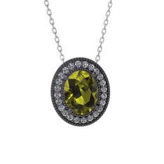 Esinti Oval Kolye - Peridot ve pırlanta 925 ayar siyah rodyum kaplama gümüş kolye (0.264 karat, 40 cm gümüş rolo zincir) #10casfp