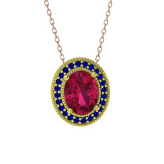 Esinti Oval Kolye - Rodolit garnet ve lab safir 18 ayar altın kolye (40 cm rose altın rolo zincir) #10jxf0k