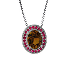 Esinti Oval Kolye - Dumanlı kuvars ve rodolit garnet 14 ayar beyaz altın kolye (40 cm gümüş rolo zincir) #10krxkr