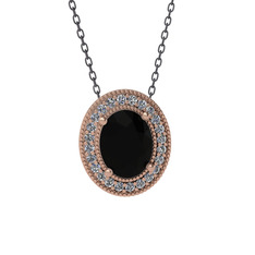 Esinti Oval Kolye - Siyah zirkon ve pırlanta 14 ayar rose altın kolye (0.264 karat, 40 cm gümüş rolo zincir) #10o658b