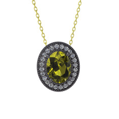 Esinti Oval Kolye - Peridot ve beyaz zirkon 925 ayar siyah rodyum kaplama gümüş kolye (40 cm altın rolo zincir) #10vwn2e
