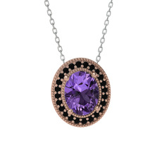 Esinti Oval Kolye - Ametist ve siyah zirkon 18 ayar rose altın kolye (40 cm beyaz altın rolo zincir) #1118dj5