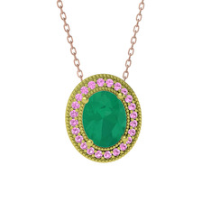 Esinti Oval Kolye - Kök zümrüt ve pembe kuvars 8 ayar altın kolye (40 cm rose altın rolo zincir) #116mvth