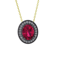 Esinti Oval Kolye - Rodolit garnet ve swarovski 925 ayar siyah rodyum kaplama gümüş kolye (40 cm altın rolo zincir) #11jgi8m