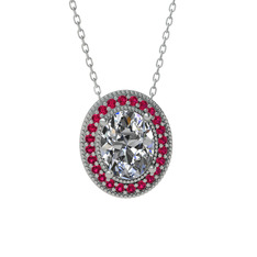 Esinti Oval Kolye - Beyaz zirkon ve rodolit garnet 14 ayar beyaz altın kolye (40 cm beyaz altın rolo zincir) #11mgn3g