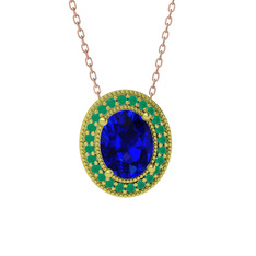 Esinti Oval Kolye - Lab safir ve kök zümrüt 925 ayar altın kaplama gümüş kolye (40 cm rose altın rolo zincir) #11pea7n