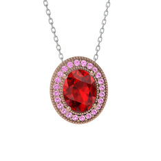 Garnet ve pembe kuvars 14 ayar rose altın kolye (40 cm beyaz altın rolo zincir)