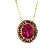 Esinti Oval Kolye - Rodolit garnet ve dumanlı kuvars 14 ayar rose altın kolye (40 cm altın rolo zincir) #1236blc