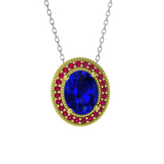 Esinti Oval Kolye - Lab safir ve rodolit garnet 18 ayar altın kolye (40 cm beyaz altın rolo zincir) #126pjkm