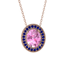 Pembe kuvars ve lab safir 14 ayar rose altın kolye (40 cm rose altın rolo zincir)