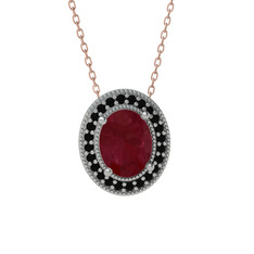 Esinti Oval Kolye - Kök yakut ve siyah zirkon 18 ayar beyaz altın kolye (40 cm rose altın rolo zincir) #12r112j