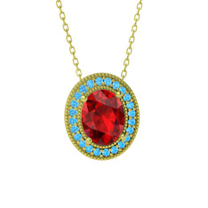 Esinti Oval Kolye - Garnet ve akuamarin 8 ayar altın kolye (40 cm altın rolo zincir) #12tyw87