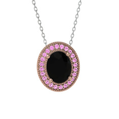 Esinti Oval Kolye - Siyah zirkon ve pembe kuvars 925 ayar rose altın kaplama gümüş kolye (40 cm beyaz altın rolo zincir) #12v5kmy