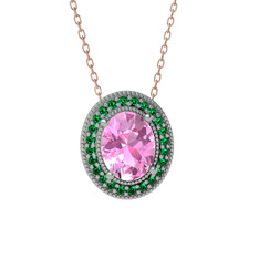 Pembe kuvars ve yeşil kuvars 14 ayar beyaz altın kolye (40 cm rose altın rolo zincir)