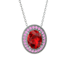 Garnet ve pembe kuvars 18 ayar beyaz altın kolye (40 cm beyaz altın rolo zincir)