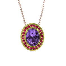 Ametist ve rodolit garnet 925 ayar altın kaplama gümüş kolye (40 cm rose altın rolo zincir)