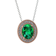 Esinti Oval Kolye - Yeşil kuvars ve beyaz zirkon 8 ayar rose altın kolye (40 cm beyaz altın rolo zincir) #13tl4d2