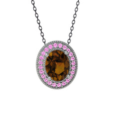 Esinti Oval Kolye - Dumanlı kuvars ve pembe kuvars 18 ayar beyaz altın kolye (40 cm gümüş rolo zincir) #1462qpe