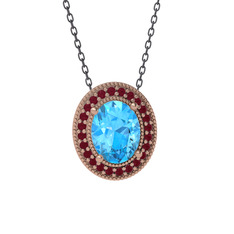 Akuamarin ve kök yakut 8 ayar rose altın kolye (40 cm gümüş rolo zincir)